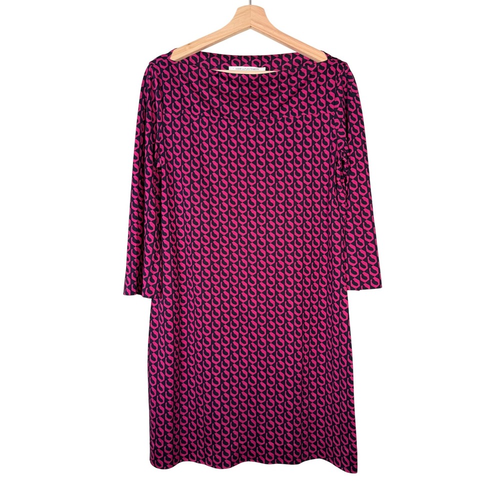 DIANE VON FURSTENBERG Ruri Pink Black Geometric 100% Silk Midi Dress‎ Size 12